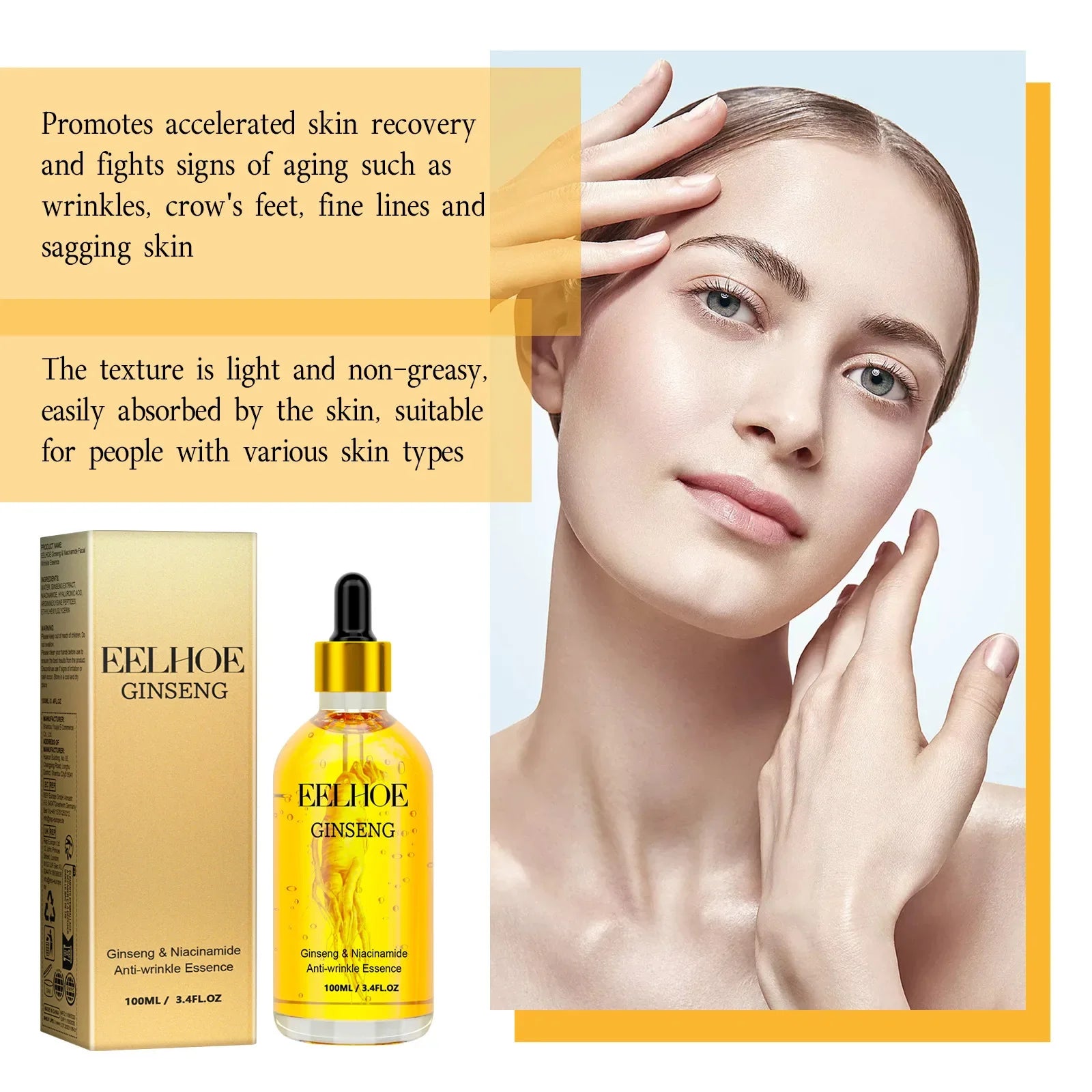 EELHOE Ginseng Essence for Skin Tightening Rejuvenate the Face Moisturing Nourishing Nicotinamide Hyaluronic Acid Facial Serum