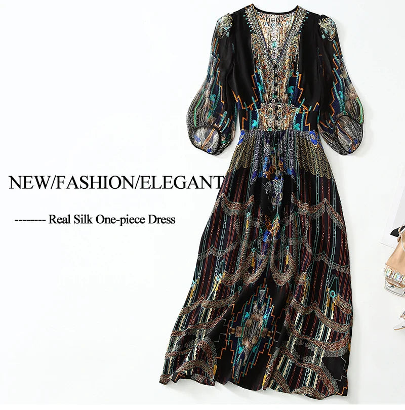 2025 Summer Bohemian Dresses For Women Elegant V-neck High Waist Women's Print Black Dress A-line 100% Real Silk Long Midi Dress
