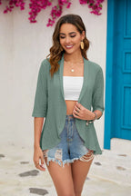 2024 Summer Fashion Ladies Hollow Out Cardigan Boho Tops Women Beach Outwear Casual Three Quarter Sleeve Sunscreen Shirt