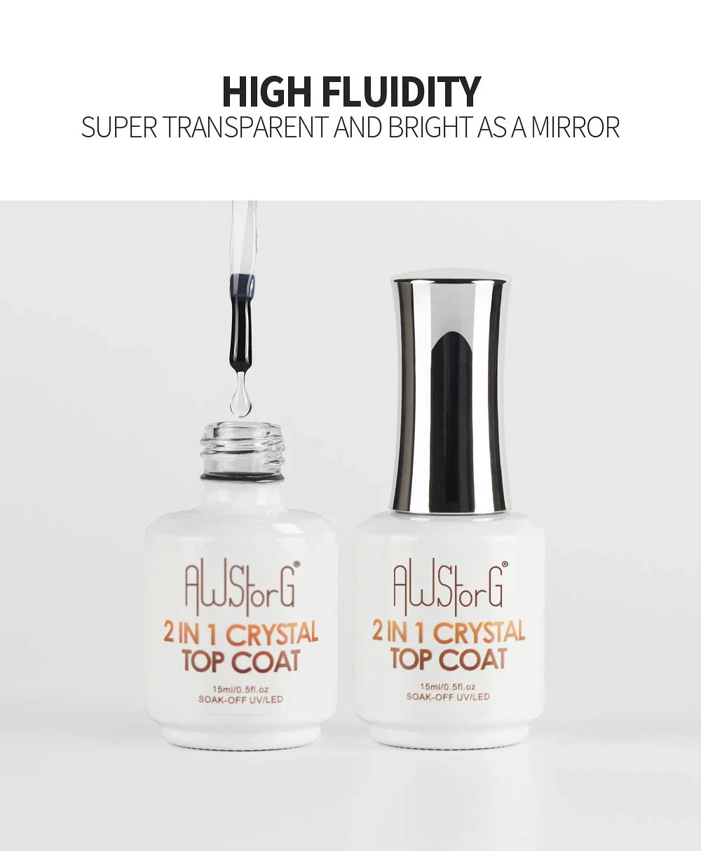 AWStorG15ml 2 IN 1 Crystal Top Coat Transparent Soak Off UV LED Nails Art Manicure Gel Nail Polish Varnishes Primer Function Gel