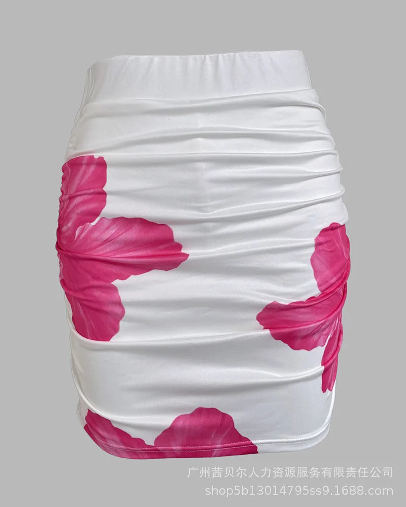 2 Piece Set Women's Floral Print Split Strapless Sleeveless Top & Mini Shorts Pants Set Summer Sexy