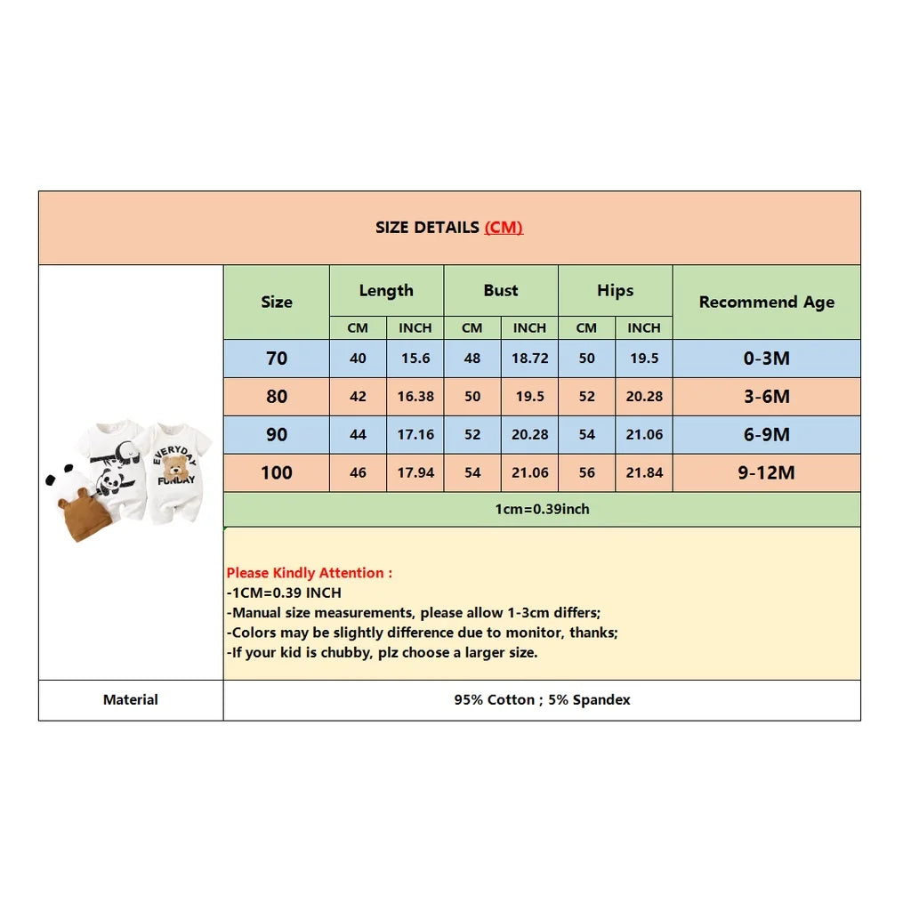 0-12Months Newborn Baby Boy Romper Animal Panda Bear Short Sleeve Jumpsuit + Hat 2PCS Infants Clothes Summer Fashion Bodysuit