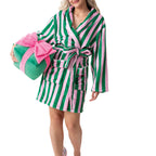 Dourbesty Women Striped Fleece Robe Fuzzy Y2K Printed Long Sleeve Shawl Collar Bath Robe Cute Plush Warm Kimono with Pocket 2025