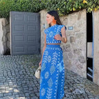 Elegant Women's Retro Printed Sleeveless Half High Neck Short Top With Vacation Style Two-piece Vestidos  For Spring/summer 2024