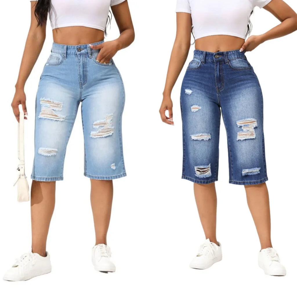 2025 Summer New Calf-Length Jeans For Women Fashion Ripped Slim Fit Butt Lift Denim Straight Legs Casual Clothing