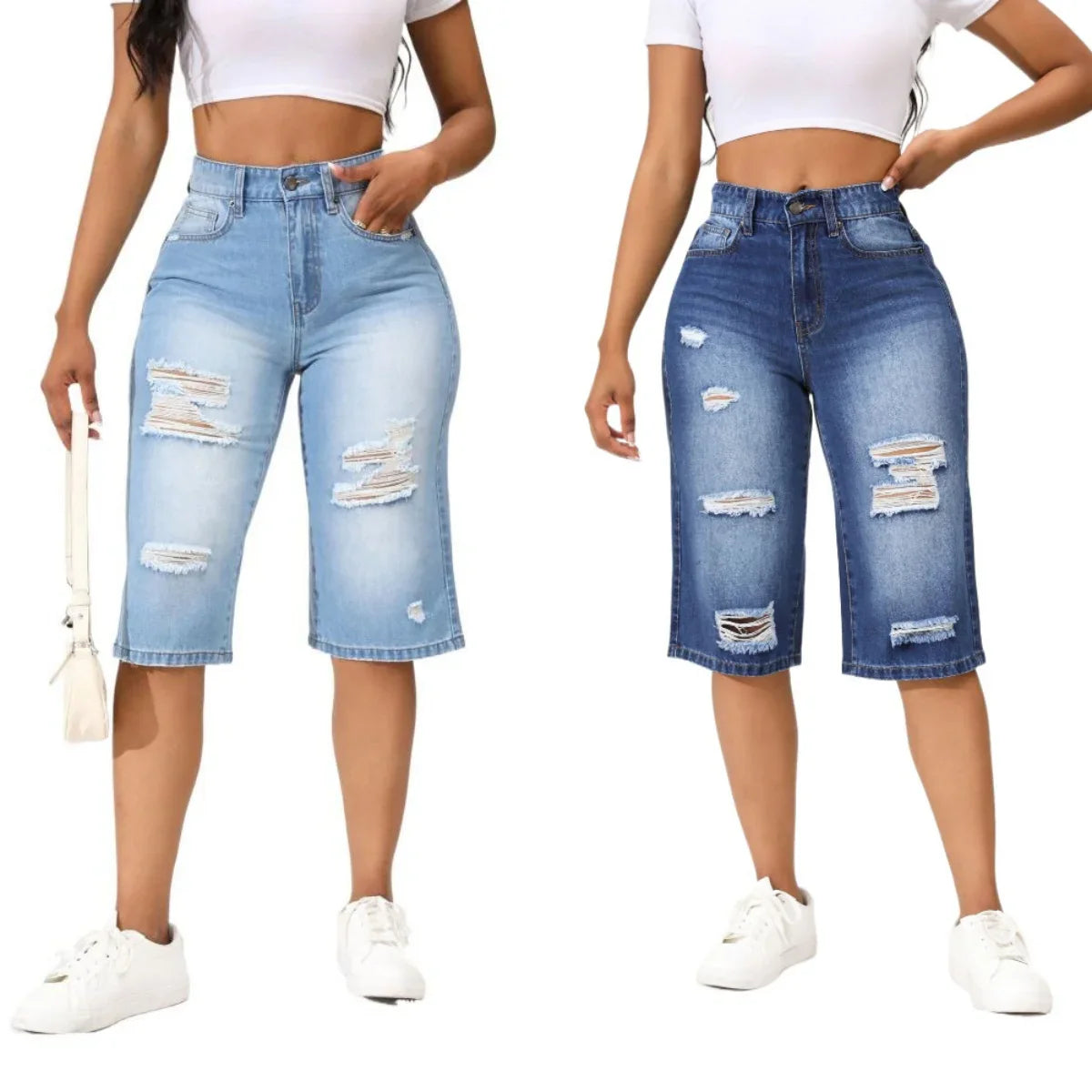 2025 Summer New Calf-Length Jeans For Women Fashion Ripped Slim Fit Butt Lift Denim Straight Legs Casual Clothing