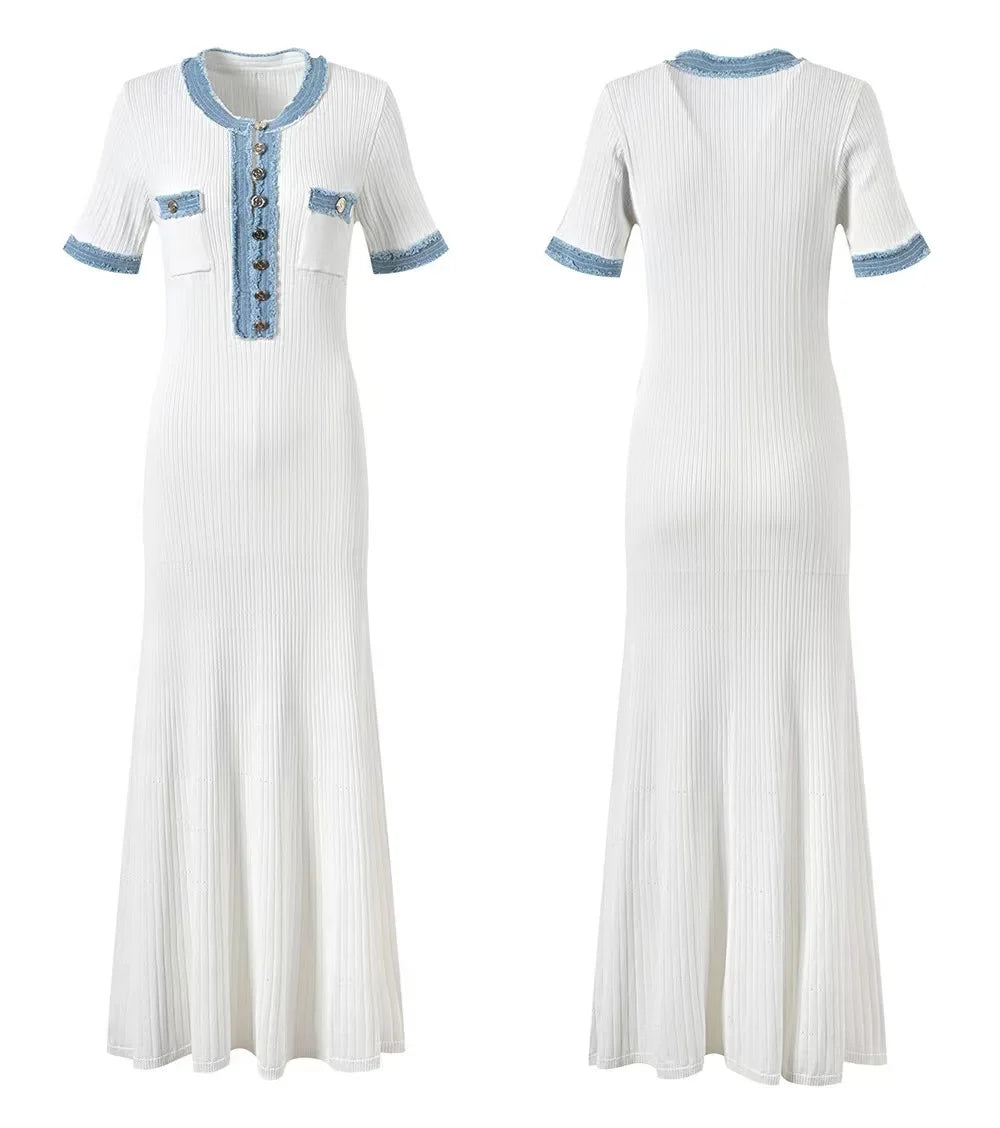 Elegant Denim Patchwork Knitted Long Dress Women Fashion V Neck Short Sleeved Buttons Bodycon Dresses Female White Pockets Robes