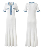 Elegant Denim Patchwork Knitted Long Dress Women Fashion V Neck Short Sleeved Buttons Bodycon Dresses Female White Pockets Robes