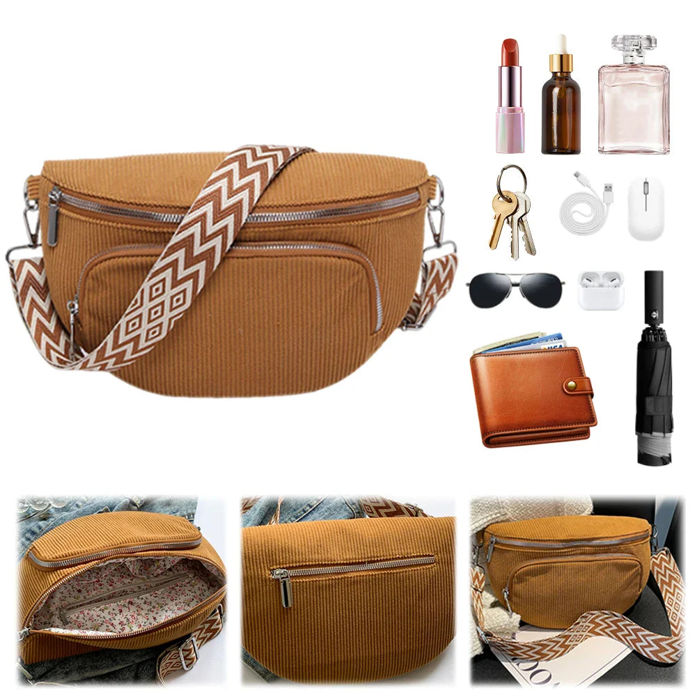Corduroy Chest Bag Fashion Fanny Pack Wide Guitar Strap Casual Waist Bag Multi-pockets Hobo Sling Bag Outdoor Travel Bag