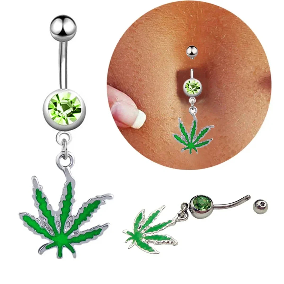 1/2pcs 316L Stainless Steel Leaf Belly Button Ring for Women, Green Maple Leaf Dangle Belly Barbell Navel Body Piercing Jewelry