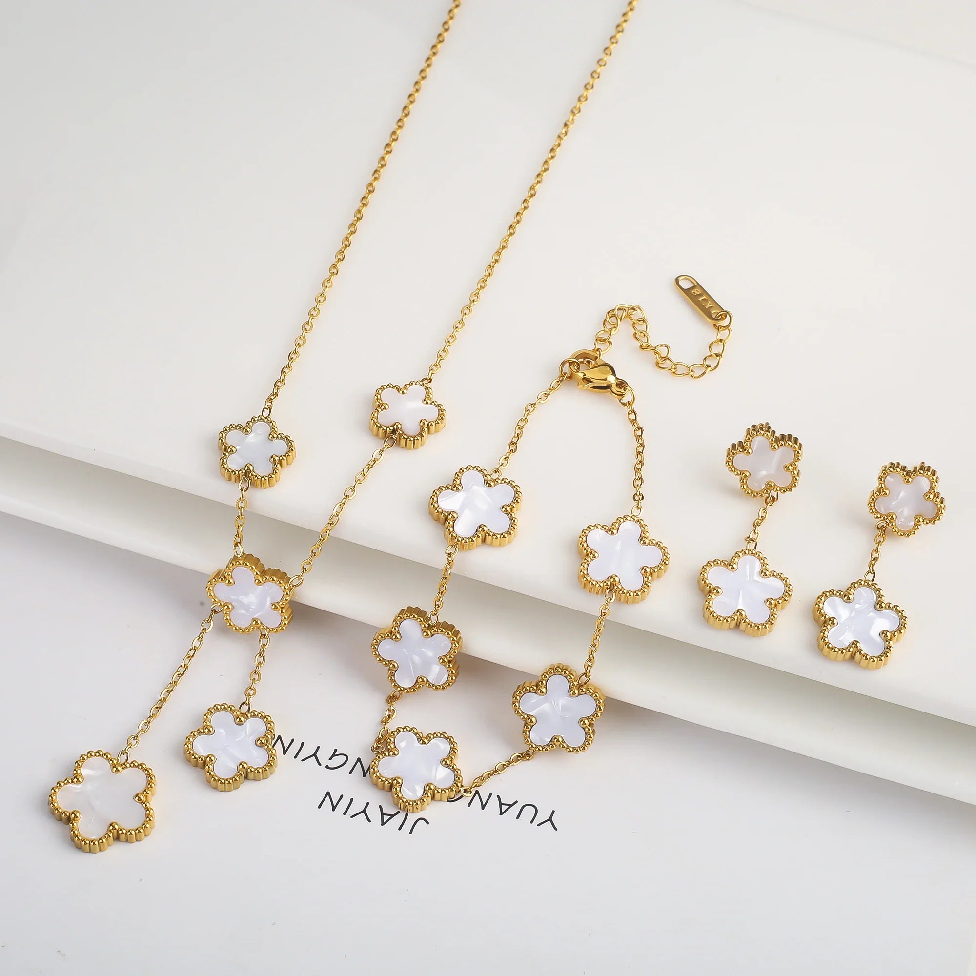 3Pcs Stainless Steel Hot Selling Gold Plated Clover Necklace Earrings Bracelet Jewelry Set Five Leaf Flower Jewelry For Women
