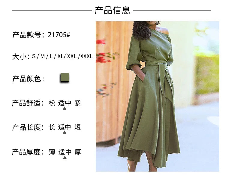 Elegant Women's Spring/Summer Fashion Green Diagonal Neck Middle Sleeve Casual Dress Women's Casual Retro Long Dress s-3XL