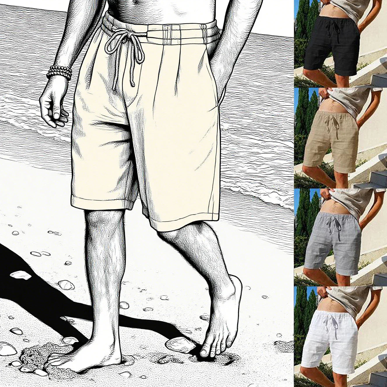 2025 New Summer New Men's Cotton Linen Breathable Shorts Hawaii Beach Pants Male Solid Color Trousers Loose Versatile Streetwear