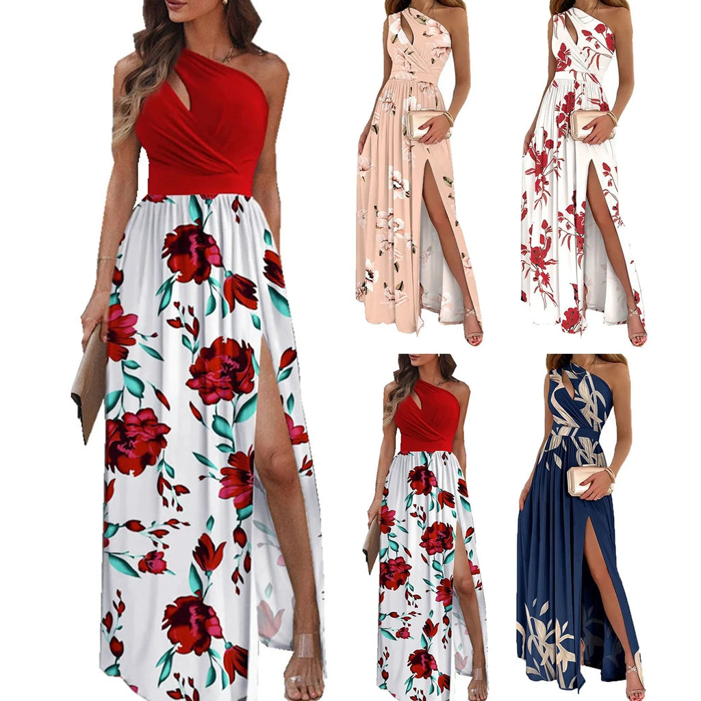 Elegant Women's Long Dress Flower Retro Printed Patchwork Long Sleeve Banquet Maxi Robe S-5XL