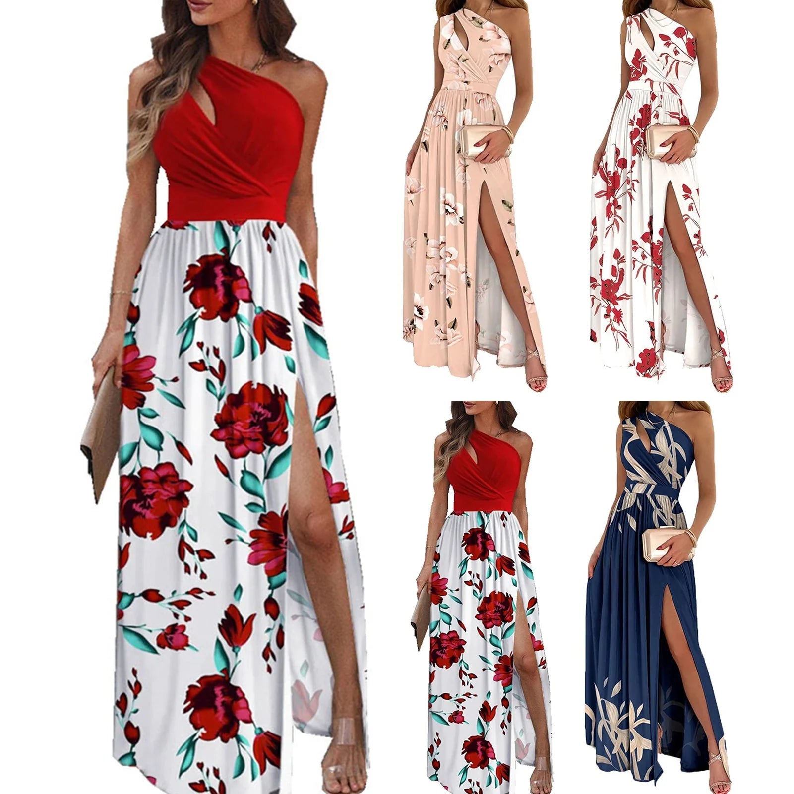 Elegant Women's Long Dress Flower Retro Printed Patchwork Long Sleeve Banquet Maxi Robe S-5XL