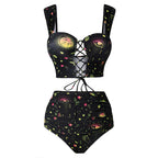 Dressfo Women's Vintage Tanknini Swimsuit Sun Moon Print Lace Up Cut Out Ruched High Waist Bottom Push Up Underwire Swimwear