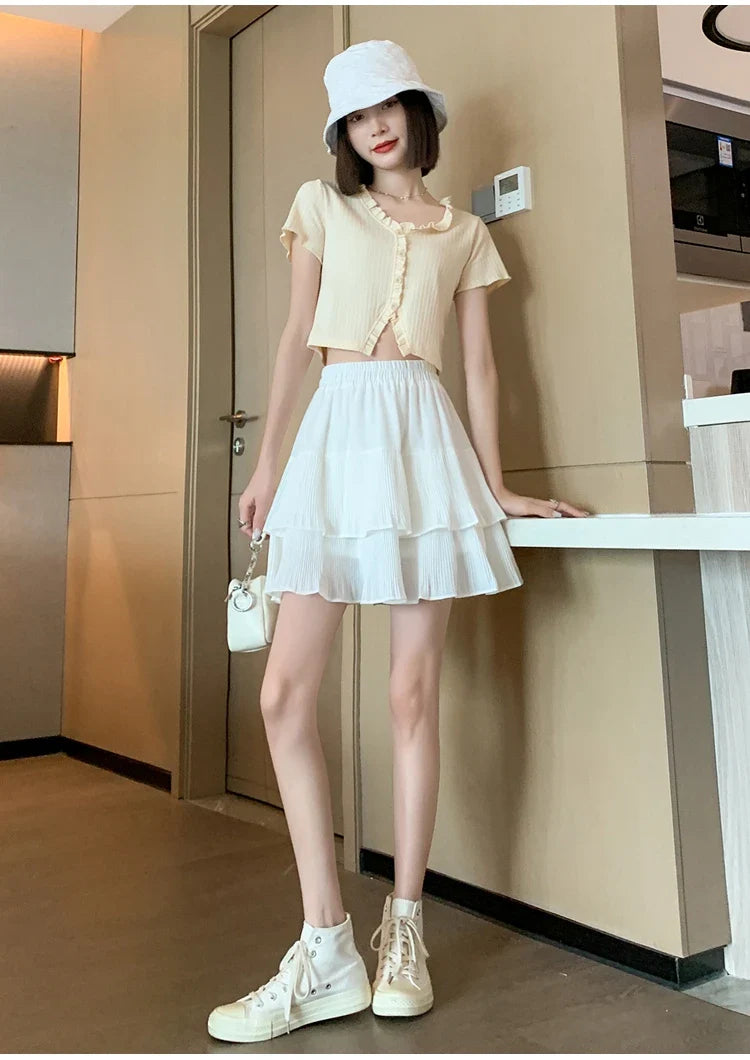 Casual Summer Ball Gown Pleated Skirts Women 2024 Korean Fashion Clothing Faldas Largas High Waist Black White A Line Mini Skirt