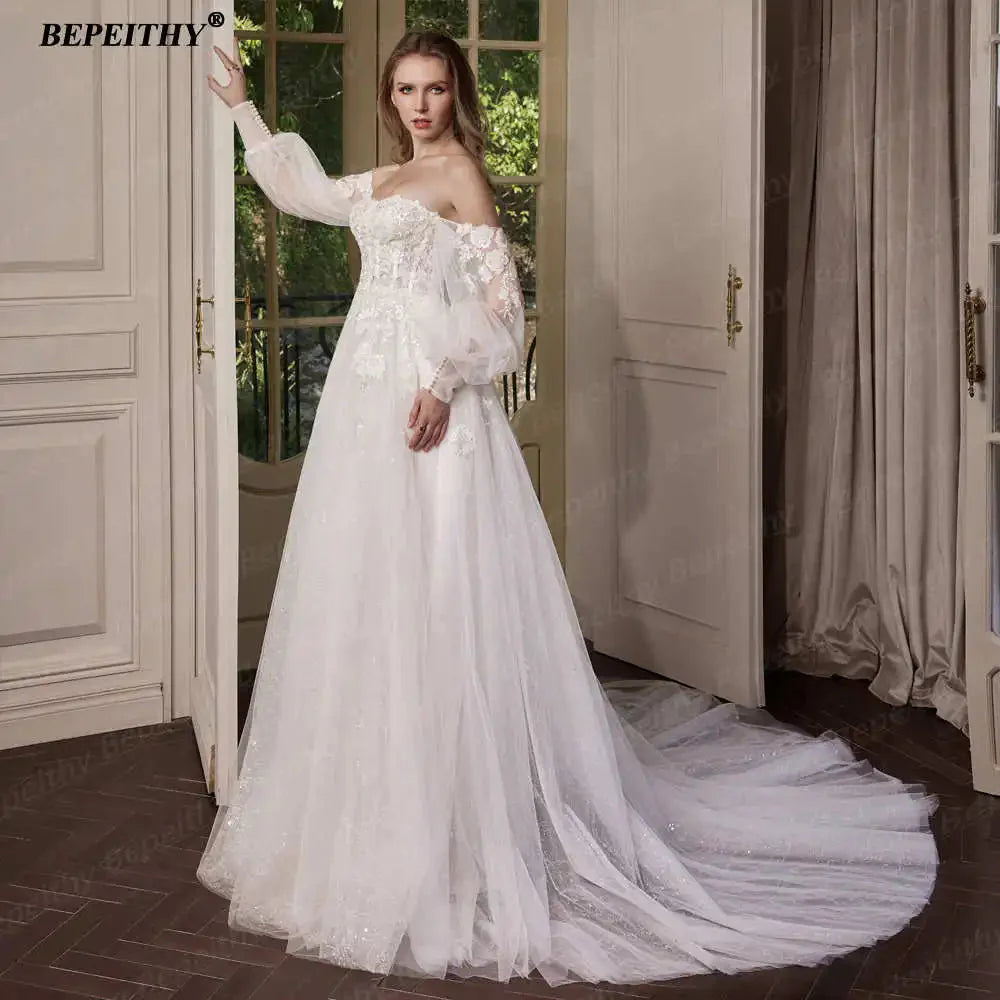 BEPEITHY Customized Strapless A Line Off Shoulder Long Sleeves Bride Ivory Wedding Dresses Glitter Court Train Bridal Gown 2025