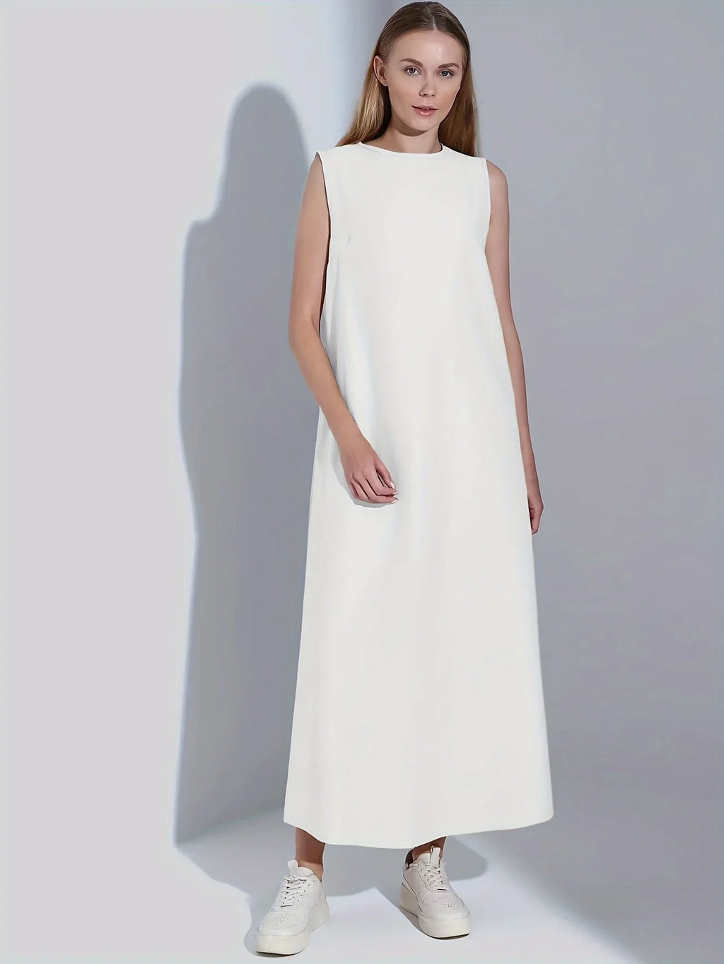 Casual White Dress Simple Vest Dress Loose Round Neck Draped Straight Skirt