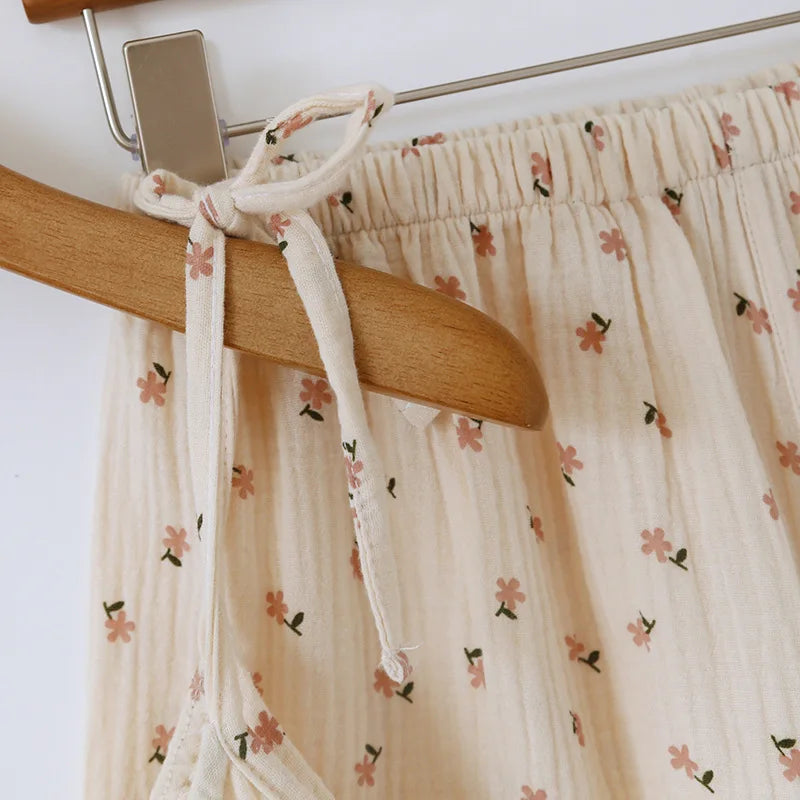 2025 Japanese Summer New Women's Pajama Set 100% Cotton Crepe Cloth Ladies Suspender+Shorts Two Piece Home Furnishing Set