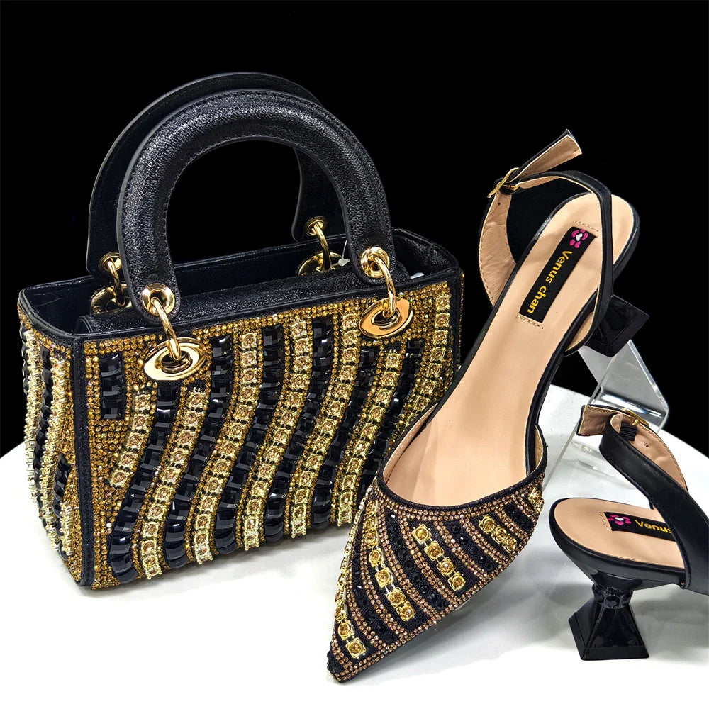 2025 Luxurious Italian Women's Party Shoes & Bag Set â€?Elegant Golden Rhinestone Spring/Summer Sandals with Pointed High Heels f