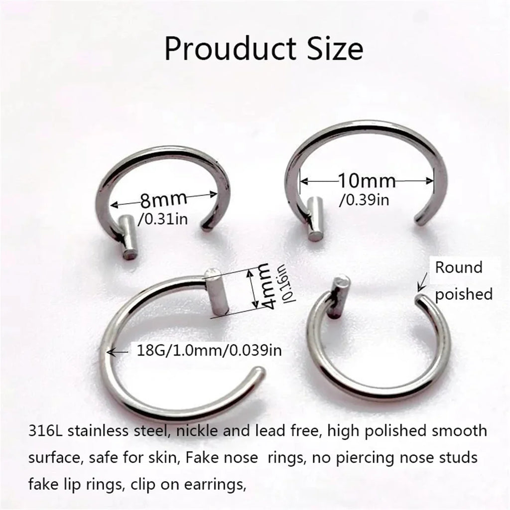 2/4Pcs 18G 316L Stainless Steel Fake Lip Rings for Women Men,  Fake Septum Nose Ring Clip On Lip Ring Fake Piercing Jewelry