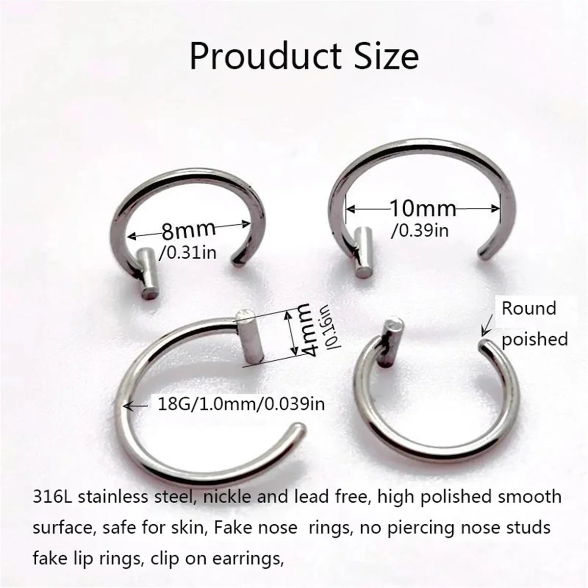 2/4Pcs 18G 316L Stainless Steel Fake Lip Rings for Women Men,  Fake Septum Nose Ring Clip On Lip Ring Fake Piercing Jewelry