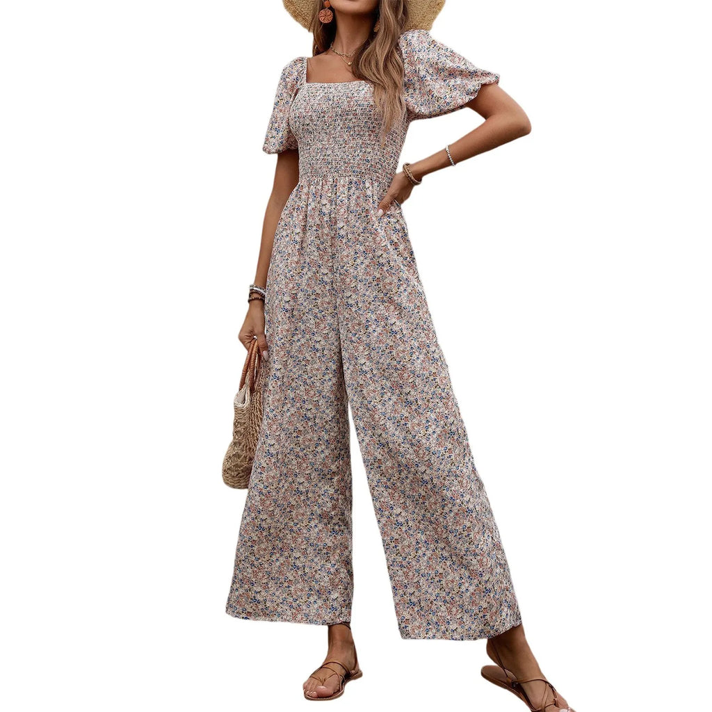 Bohemian Vacation Holiday Jumpsuit Women Pleated Wide Leg Rompers Chiffon Print Ethnic Playsuit Summer Casual Jumpsuits