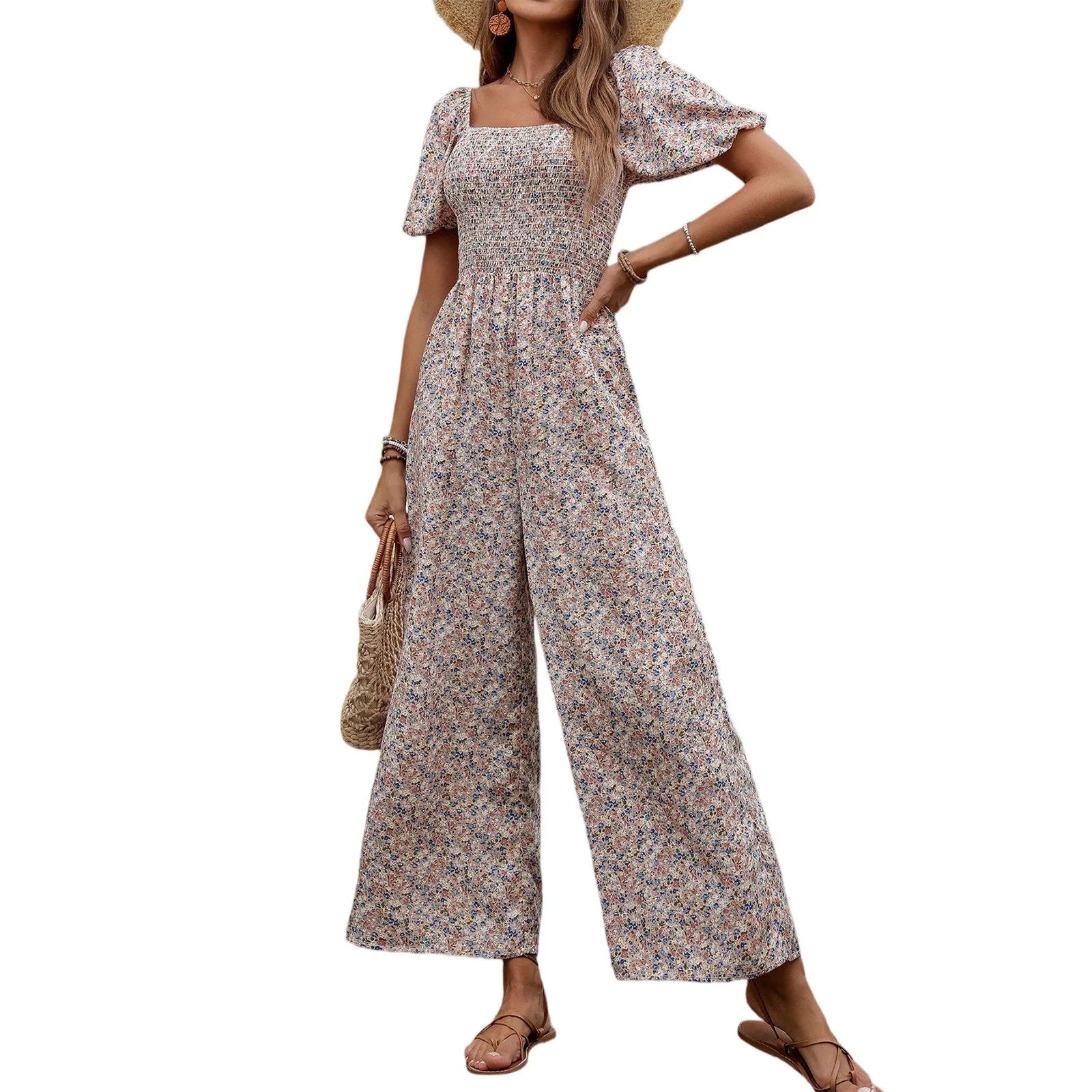 Bohemian Vacation Holiday Jumpsuit Women Pleated Wide Leg Rompers Chiffon Print Ethnic Playsuit Summer Casual Jumpsuits