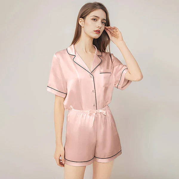 100% Real Mulberry Silk Womens Pajamas Set Sleepwear Pjs Button Down Short Sleeve Shirt Top and Shorts Loungewear 2 Piece M-4XL