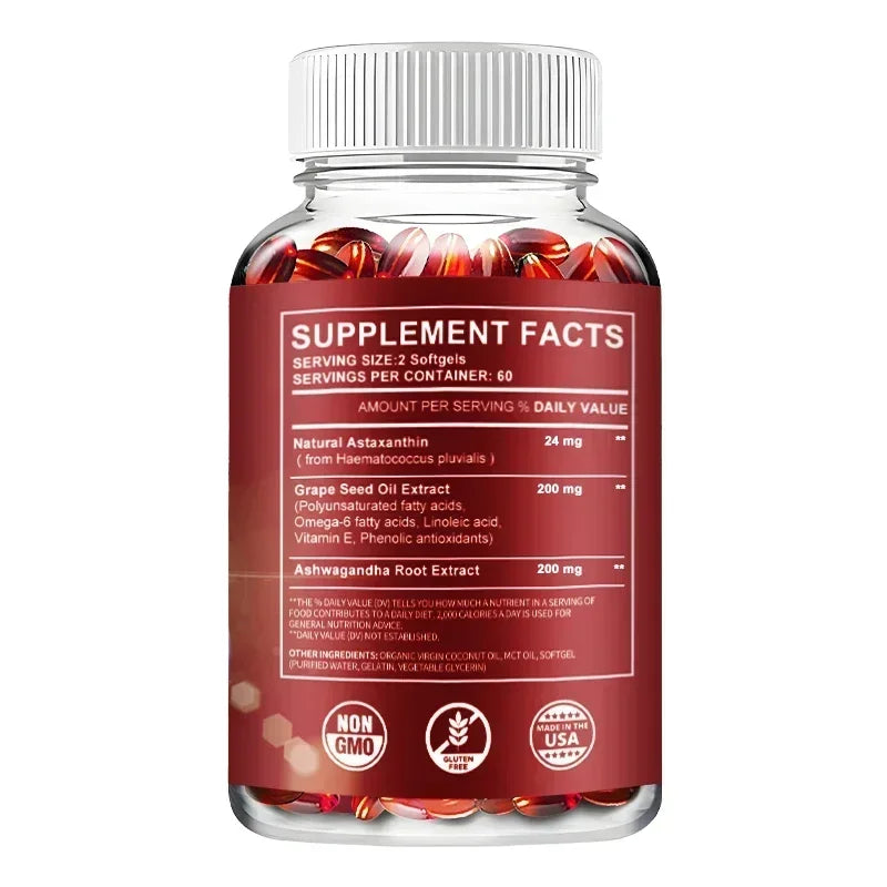 Astaxanthin 24mg - with Ashwagandha, Grape Seed Oil Extract - for Joint, Brain, Immune and Heart Support Diet