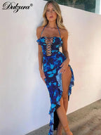 Dulzura Tie Dye Print Lace Up Side Slit Midi Dress For Women Ruffle Long Dress Bodycon Sexy Party Club Outfits 2024 Summer Y2K