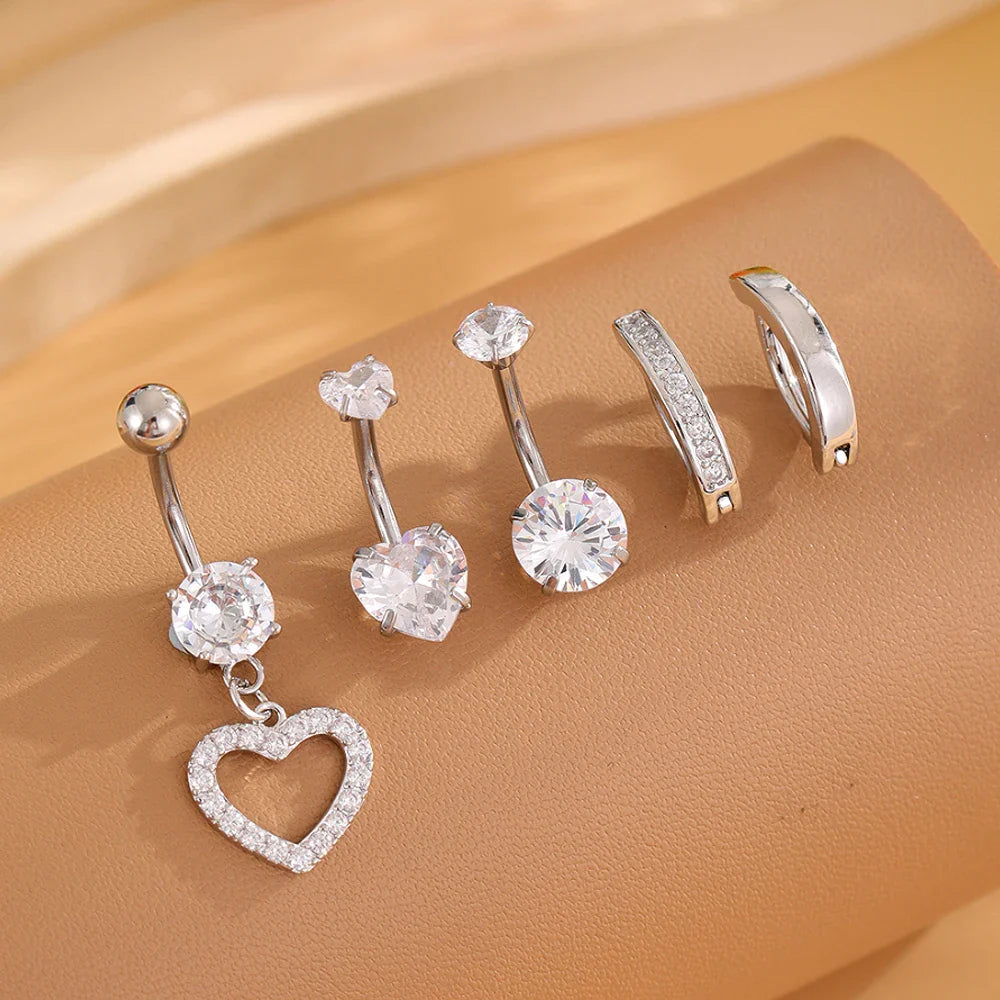 14G Gold Color Series Butterfly Dangled Belly Piercing Sets 5PCS/Lot Heart Flower Curved Navel Navel Ring Belly Button Rings