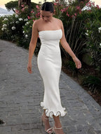 Dulzura Sleeveless Ruffles Patchwork Strapless Bodycon Midi Dress Women'S Solid Sexy Outfit Party Clubwear For Autumn Winter