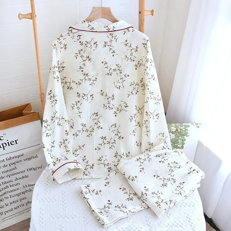 2025 Japanese Spring and Autumn New Women's Pajama Set 100% Cotton Crepe Long sleeved Pants Cardigan Cute Plus Size Home Fury