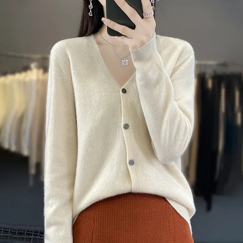 100 Merino Wool Knitted V-neck Sweater Women's Top Loose Korean Version Fashionable Versatile Autumn And Winter Cashmere Sweater