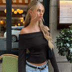 Candyhot Solid Elegant Off Shoulder Ribbed Crop Tops Autumn Fashion Casual Skinny Long Sleeve Camis Gentle Y2K Tight T-shirts