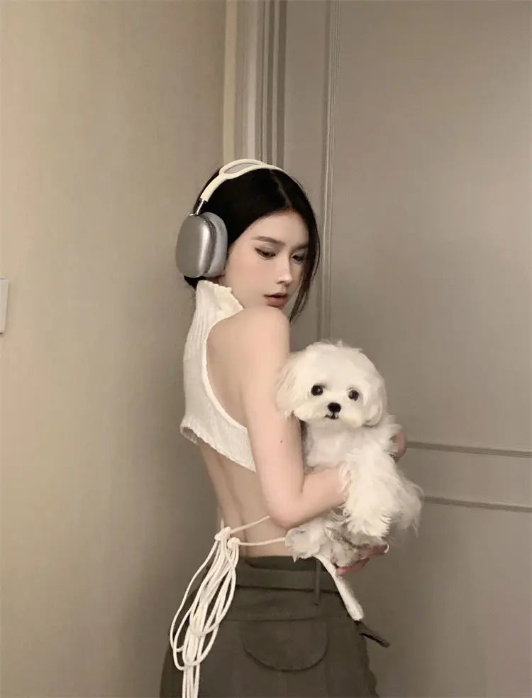 Crop Top Summer Y2K Clothes Fashion Sleeveless Shirts Turtleneck Tees Bandage Tanks Hollow Out Tops Women Sexy Gothic Clothing