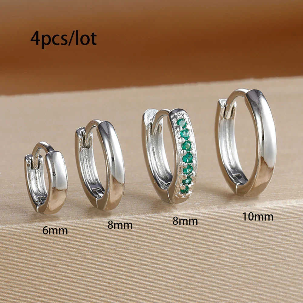 4PCS Set Stainless Steel Huggie Minimal Hoop Earrings 6/8/10mm Crystal Zirconia Helix Tragus Cartilage Earrings Piercing Jewelry