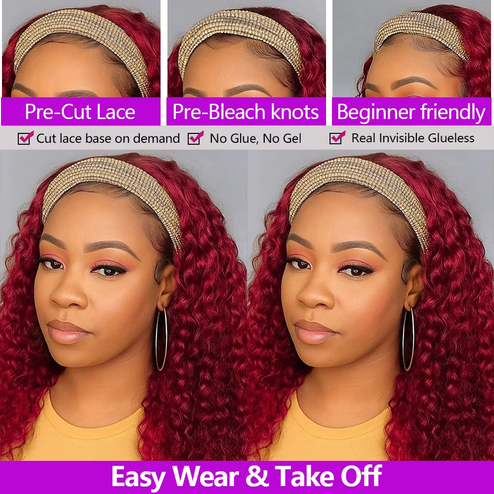 200% Density Headband Reddish Brown Wig Human Hair Ginger Deep Wave Burgundy 99J Curly Water Wave Glueless Wigs Clearance Sale