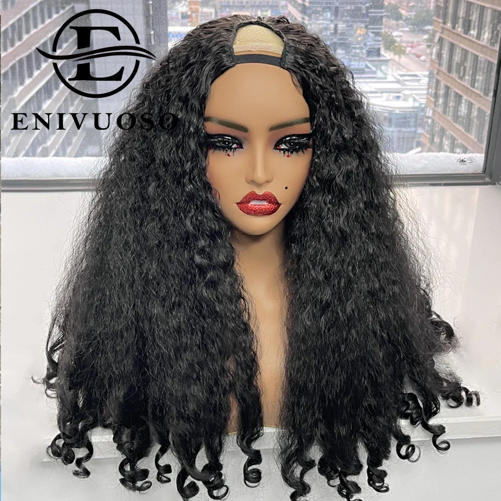Afro Kinky Straight V Part Wigs with Bouncy Curls Short Synthetic Glueless Wigs for Black Women No Leave Out Clip in Half Wigs