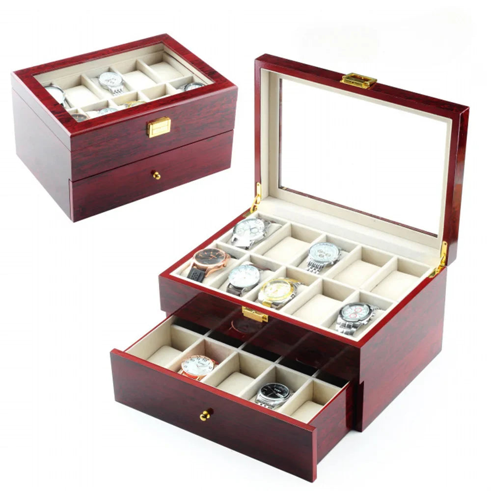 Double Layer Watch Storage Box with Drawer - Glass Display Case for Sunglasses Rings Bracelets Earrings Necklaces Jewelry Organi