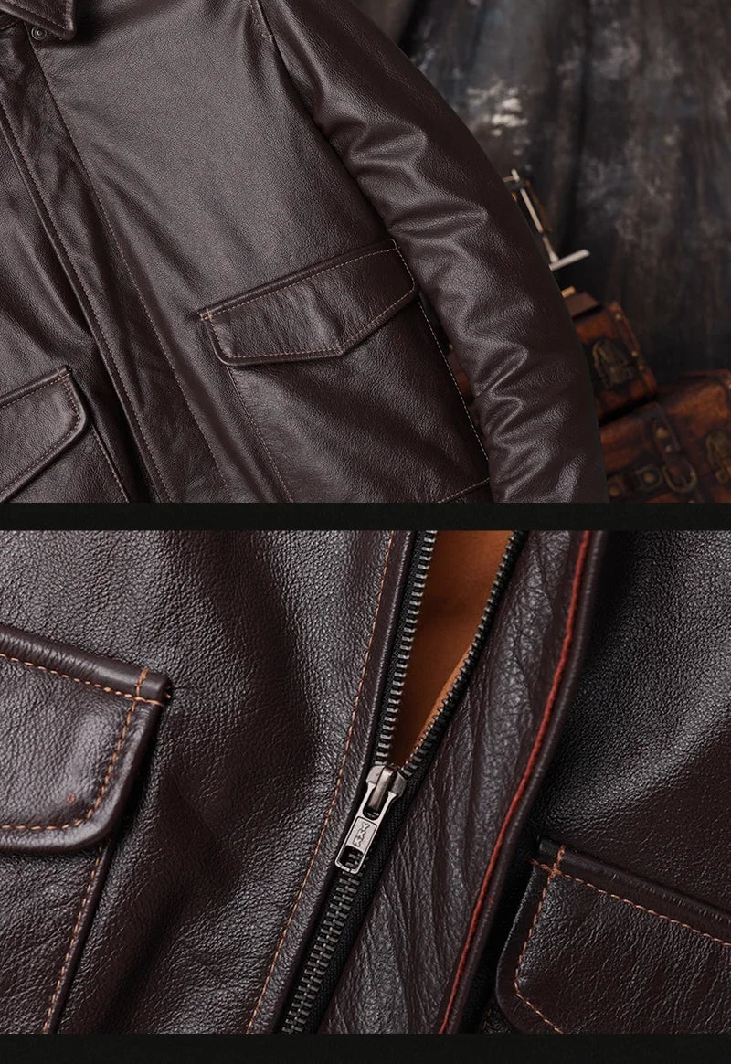 Bomber A2 Pilot Genuine Leather Jacket Men Warm 100% Cow Leather Air Force Coat Dark Brown Men's Cowhide Motorcycle Jackets