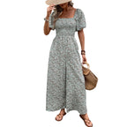 Bohemian Vacation Holiday Jumpsuit Women Pleated Wide Leg Rompers Chiffon Print Ethnic Playsuit Summer Casual Jumpsuits