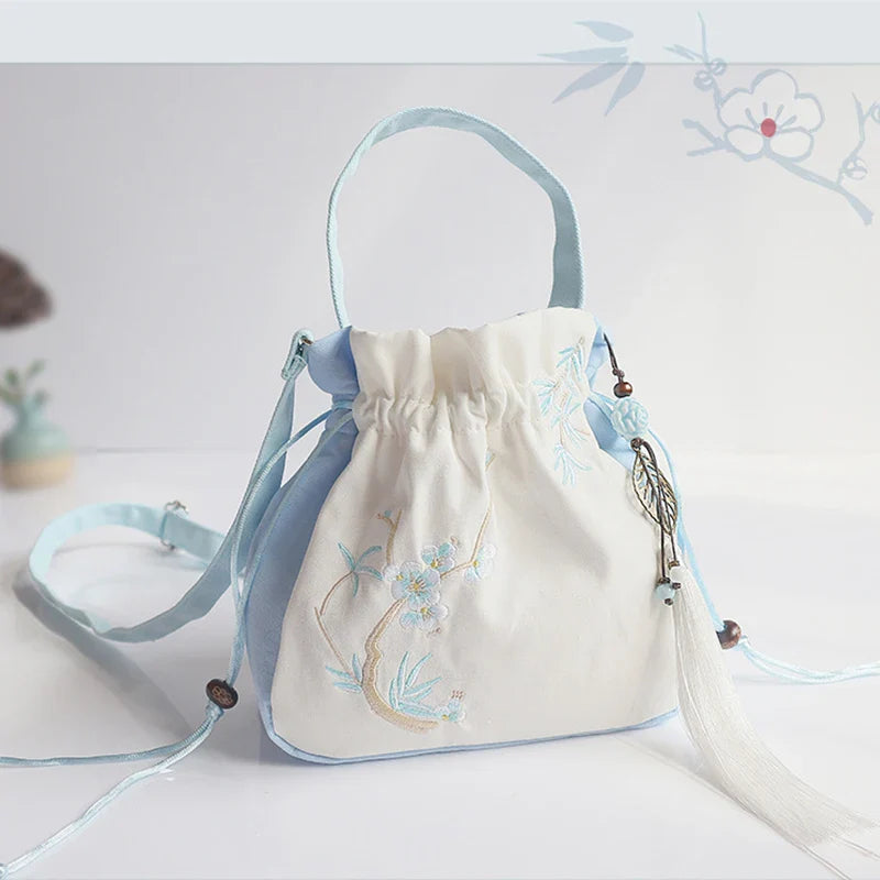 Chinese Style Women's Drawstring Bag Vintage Flower Embroidery Hanfu Handbag Street Fashion Girls Bucket Shape Shoulder Bag