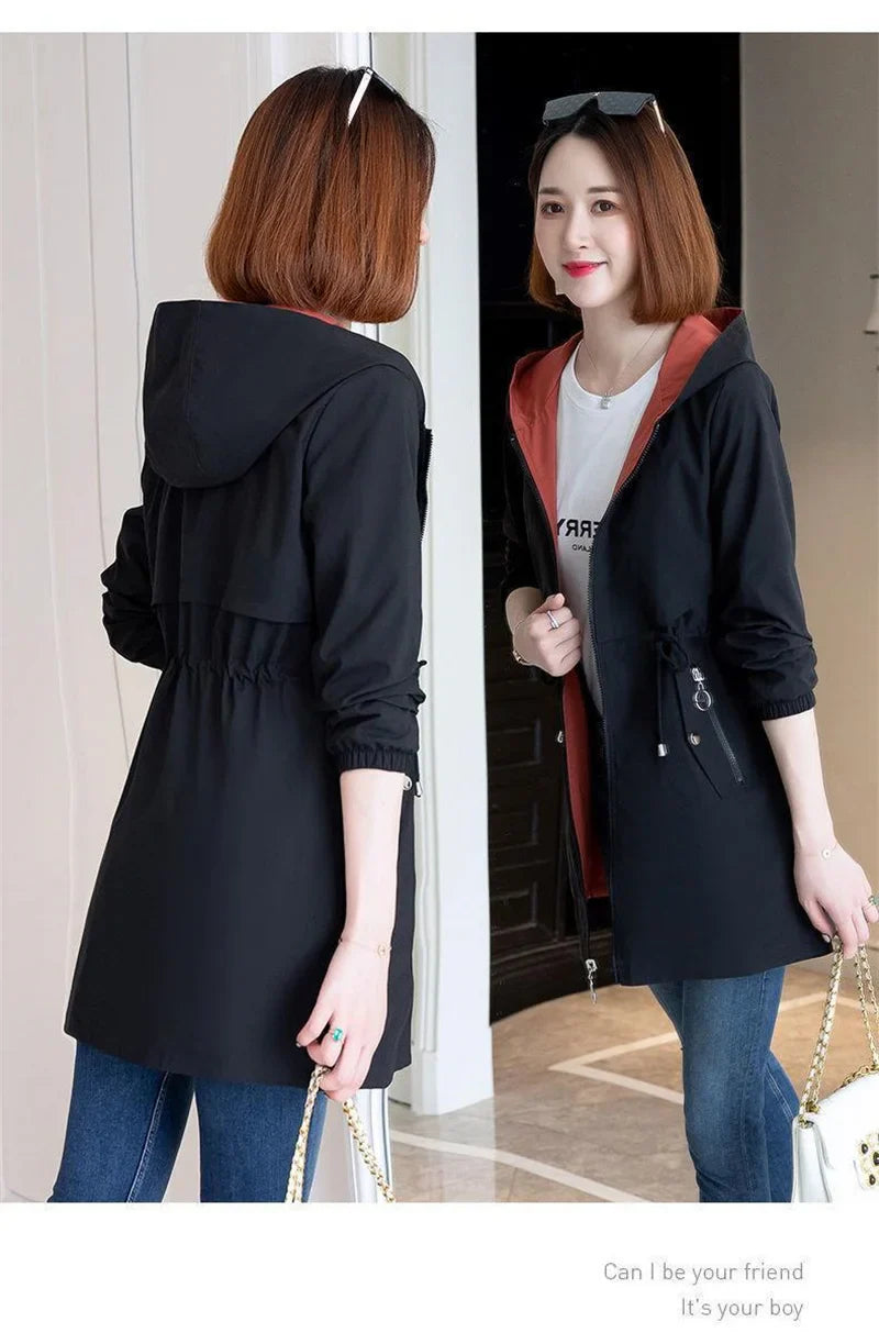 Double-Sided Trench Coat Women 2023New Fashion Spring Autumn Clothes Hooded Mid-Length Windbreakers Female Outerwear Casual Tops