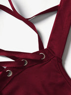 2025 Womens Gothic Dresses Sets Solid Color Open Front Crop Jacket and Lace Up Buckle Strap Crisscross Dress Outfit