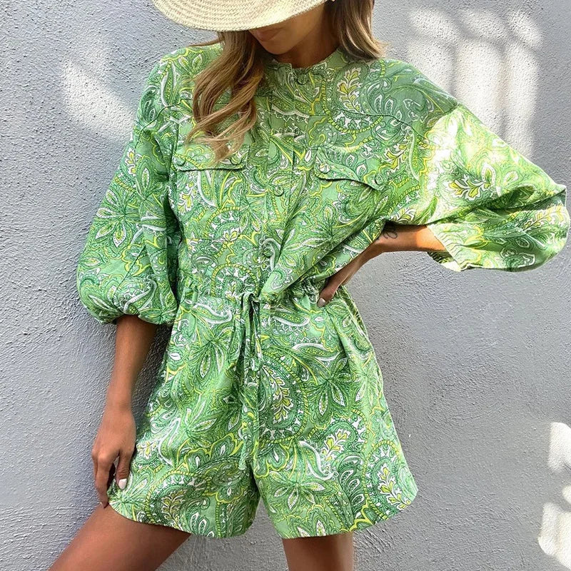 BAMBOOBOY Women Summer Long Sleeve Playsuit with Waist Elastic Band Casual Stand Collar Pocket Loose Wide Leg Short Jumpsuit