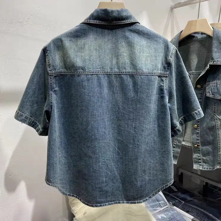 Denim Shirt  Women's Summer 2024 New Turndown Collar Loose Casual Short Jacket Fashion Short Sleeved Single Breasted Thin Top