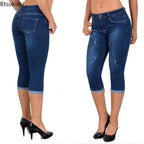 2025 Women's Summer Skinny Denim Pants Jeans Mid Waist Stretch Capri Pants Knee Length Trousers Black Blue Ladies Pencil Pants